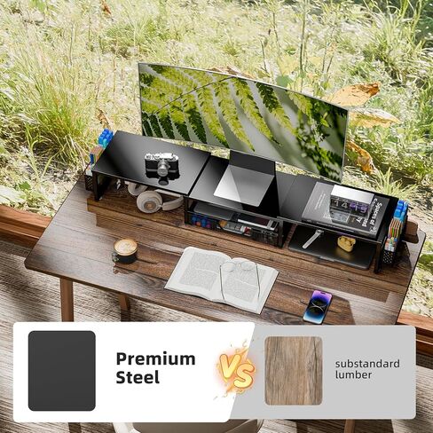 Simple Trending Desk Organizers and Accessories, Dual Monitor Stand Riser with Drawer and 2 Pen Holder, Shelf for Top of Desk, Black in Kuwait