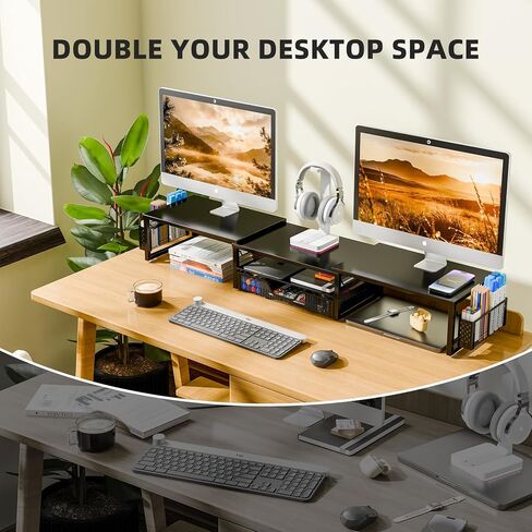 Simple Trending Desk Organizers and Accessories, Dual Monitor Stand Riser with Drawer and 2 Pen Holder, Shelf for Top of Desk, Black in Kuwait