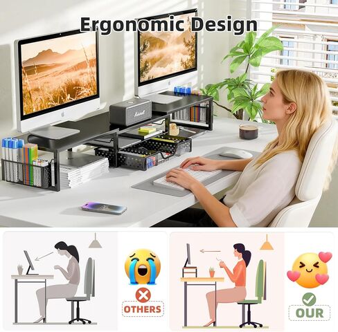 Simple Trending Desk Organizers and Accessories, Dual Monitor Stand Riser with Drawer and 2 Pen Holder, Shelf for Top of Desk, Black in Kuwait
