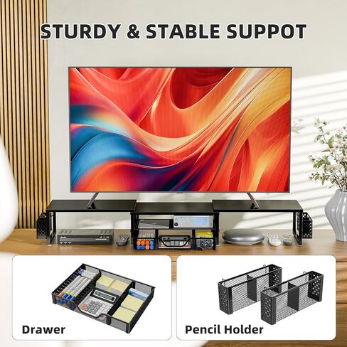Simple Trending Desk Organizers and Accessories, Dual Monitor Stand Riser with Drawer and 2 Pen Holder, Shelf for Top of Desk, Black in Kuwait