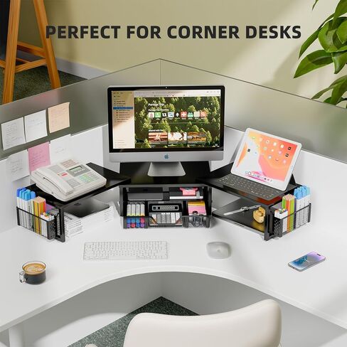 Simple Trending Desk Organizers and Accessories, Dual Monitor Stand Riser with Drawer and 2 Pen Holder, Shelf for Top of Desk, Black in Kuwait