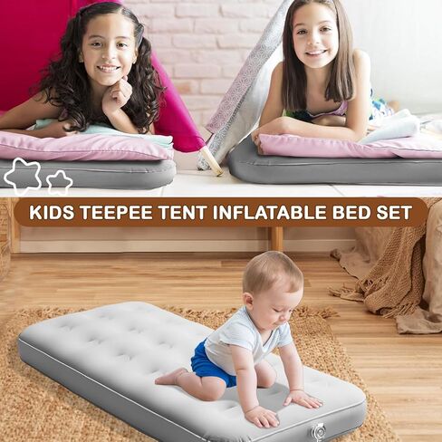 2 Pack Kids Air Mattress Inflatable Toddler Beds Comfort Flocked Blow up Mattress,Foldable Portable Airbed for Sleepover Home Travel Camping Party - 55 x 27.6X 8.7 Inch,Grey in Saudi Arabia