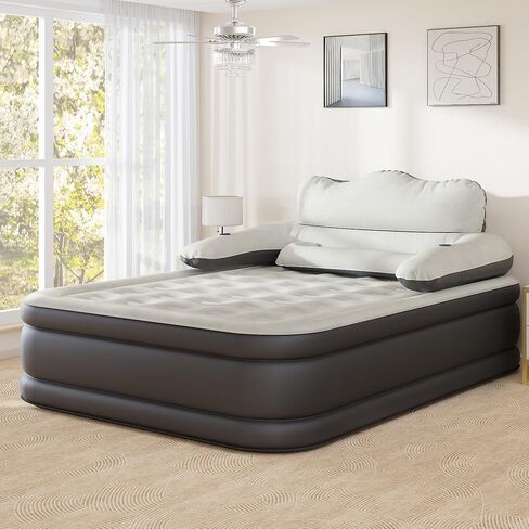 YITAHOME Queen Size Air Mattress with Headboard, 18in Inflatable with Pillow, Blow Up Mattress with Removable Electric Pump, Comfort Air Bed Queen for Camping & Home, Black & Gray in Saudi Arabia
