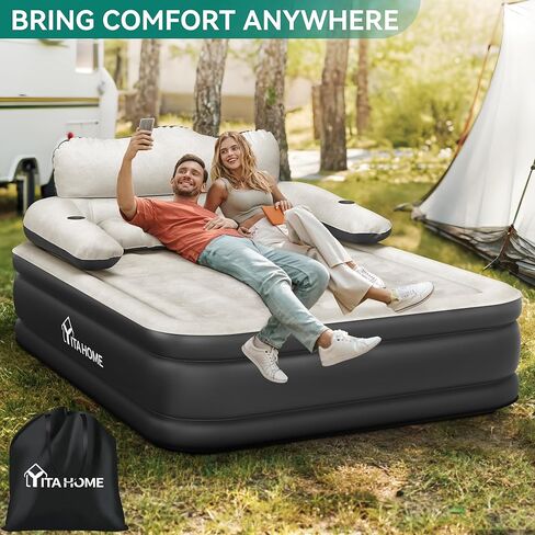 YITAHOME Queen Size Air Mattress with Headboard, 18in Inflatable with Pillow, Blow Up Mattress with Removable Electric Pump, Comfort Air Bed Queen for Camping & Home, Black & Gray in Saudi Arabia