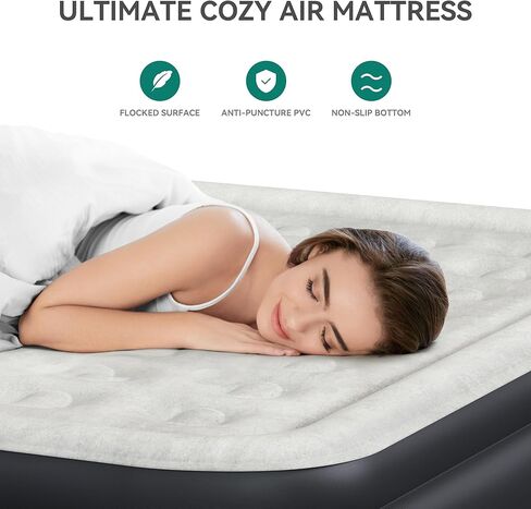 YITAHOME Queen Size Air Mattress with Headboard, 18in Inflatable with Pillow, Blow Up Mattress with Removable Electric Pump, Comfort Air Bed Queen for Camping & Home, Black & Gray in Saudi Arabia