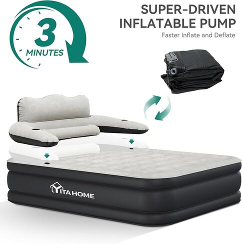 YITAHOME Queen Size Air Mattress with Headboard, 18in Inflatable with Pillow, Blow Up Mattress with Removable Electric Pump, Comfort Air Bed Queen for Camping & Home, Black & Gray in Saudi Arabia