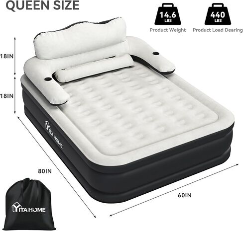 YITAHOME Queen Size Air Mattress with Headboard, 18in Inflatable with Pillow, Blow Up Mattress with Removable Electric Pump, Comfort Air Bed Queen for Camping & Home, Black & Gray in Saudi Arabia