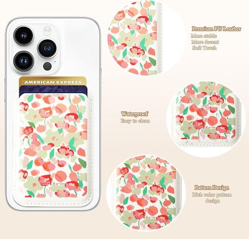 Wallet Magnetic Card Holder, Magnetic Wallet for iPhone, Leather Phone Wallets Cute Colorful Flowers Design Compatible with iPhone 16/15/14/13/12 Series for Girls Women, Fit 3 Cards in Kuwait