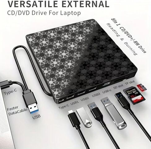 External CD/DVD Drive for Laptop, DVD Player, 8 in 1 USB 3.0 Ultra-Slim Portable, CD Burner External Disk Drive Optical Compatible with with Desktop PC Windows 11/10/8 Linux Mac OS Mac MacBook Pro/Air in Saudi Arabia