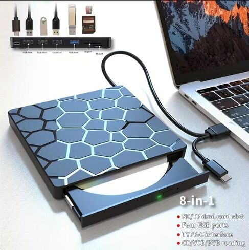 7-in-1 External DVD Drive USB 3.0 & Type-C, CD/DVD Burner Reader Writer for Laptop PC Mac, Portable USB-C DVD ROM with SD/TF Card Reader, USB Hub, Plug & Play, No Driver Needed in Saudi Arabia