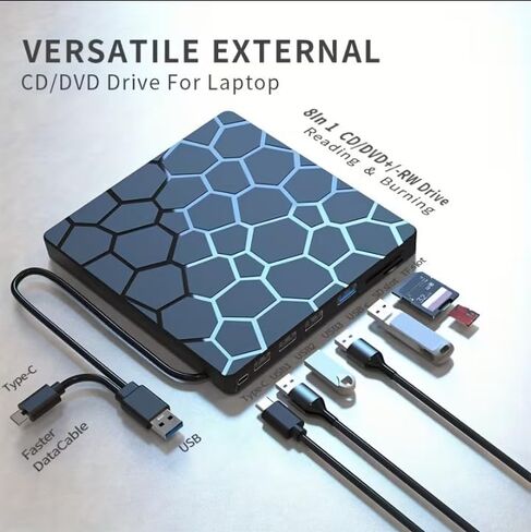 7-in-1 External DVD Drive USB 3.0 & Type-C, CD/DVD Burner Reader Writer for Laptop PC Mac, Portable USB-C DVD ROM with SD/TF Card Reader, USB Hub, Plug & Play, No Driver Needed in Saudi Arabia