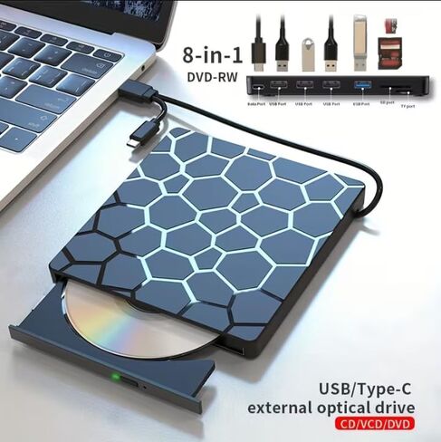 7-in-1 External DVD Drive USB 3.0 & Type-C, CD/DVD Burner Reader Writer for Laptop PC Mac, Portable USB-C DVD ROM with SD/TF Card Reader, USB Hub, Plug & Play, No Driver Needed in Saudi Arabia