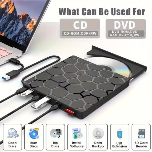 7-in-1 External DVD Drive USB 3.0 & Type-C, CD/DVD Burner Reader Writer for Laptop PC Mac, Portable USB-C DVD ROM with SD/TF Card Reader, USB Hub, Plug & Play, No Driver Needed in Saudi Arabia