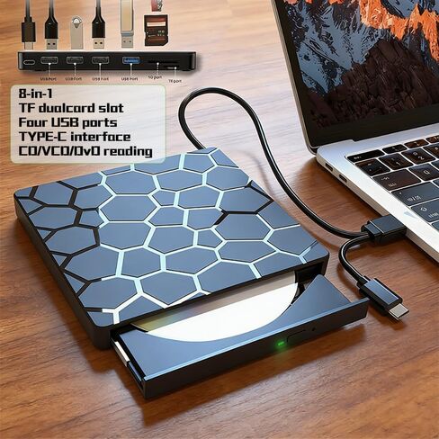 External DVD Drive USB 3.0 USB C 8 in 1CD/DVD+/-RW Drive Reading & Buming, Slim Portable Rewriter Writer Duplicator for Laptop Desktop PC Windows 11 (Functional Interface) in Saudi Arabia