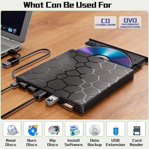 External DVD Drive USB 3.0 USB C 8 in 1CD/DVD+/-RW Drive Reading & Buming, Slim Portable Rewriter Writer Duplicator for Laptop Desktop PC Windows 11 (Functional Interface) in Saudi Arabia