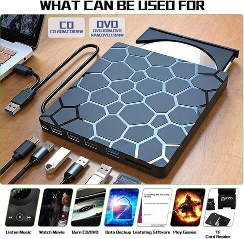 External DVD Drive USB 3.0 USB C 8 in 1CD/DVD+/-RW Drive Reading & Buming, Slim Portable Rewriter Writer Duplicator for Laptop Desktop PC Windows 11 (Functional Interface) in Saudi Arabia