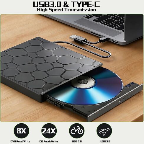 External DVD Drive USB 3.0 USB C 8 in 1CD/DVD+/-RW Drive Reading & Buming, Slim Portable Rewriter Writer Duplicator for Laptop Desktop PC Windows 11 (Functional Interface) in Saudi Arabia