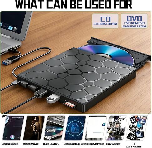 External DVD Drive USB 3.0 USB C 8 in 1CD/DVD+/-RW Drive Reading & Buming, Slim Portable Rewriter Writer Duplicator for Laptop Desktop PC Windows 11 (Functional Interface) in Saudi Arabia