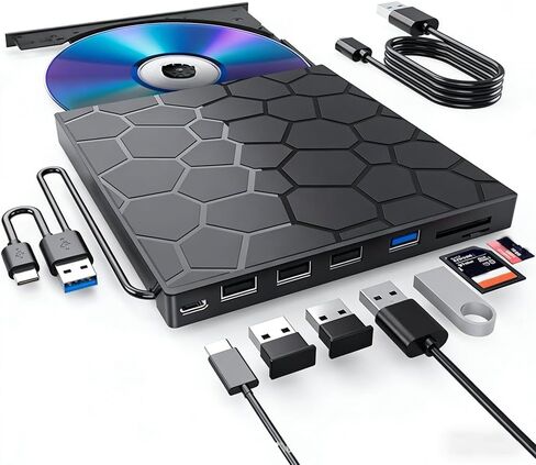 External DVD Drive USB 3.0 USB C 8 in 1CD/DVD+/-RW Drive Reading & Buming, Slim Portable Rewriter Writer Duplicator for Laptop Desktop PC Windows 11 (Functional Interface) in Saudi Arabia