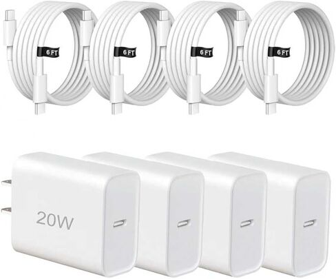 كتلة شاحن USB C شحن سريع، محول شاحن، 4 قطع شاحن حائط من النوع C مع كابل شحن سريع 6FT لهاتف iPhone 17/17 Plus/17 Pro Max/16/16 Pro Max/16 Plus/15 Pro Max/لجهاز iPad Pro in Kuwait