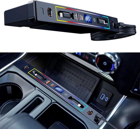 ELOHEI Car Fast Charger for Ford F150 2021 2022 2023 2024 2025 with 8-Color Ambient Light, Multi Port Retractable Hub for Ford F150 Accessories (PF338) in Saudi Arabia