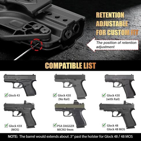 حافظة WARRIORLAND IWB & OWB، متوافقة مع Glock 43 / 43X / 43X MOS (بدون ضوء/ليزر)، جاهزة للبصريات، Adj. الاحتفاظ وعدم التمكن، مخلب إخفاء قابل للإزالة، مجداف ومشبك حزام 1.5 بوصة متضمن، اليد اليمنى in Saudi Arabia