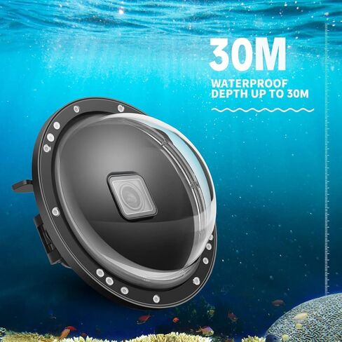 منفذ قبة متوافق مع Gopro Hero 13/12/11/10/9 أسود، عدسة قبة مزدوجة محمولة مدمجة 30 متر/98 قدم، حافظة مقاومة للماء مزودة بزر تشغيل in Kuwait