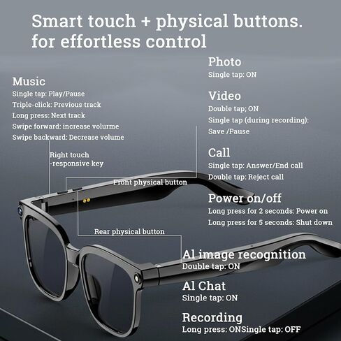 AI Smart Glasses with Camera – 1080P HD Video & Audio, Real-Time Translation, ChatGPT Assistant, Bluetooth Smart Sunglasses with Noise Reduction, Prescription Lenses Compatible in Saudi Arabia