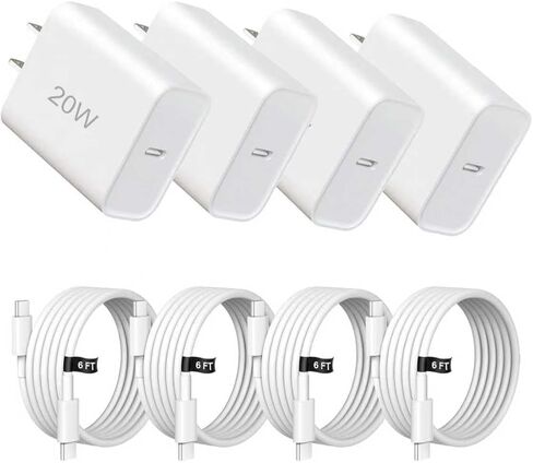 شاحن هاتف شحن سريع، 4 قطع شاحن محمول بقوة 20 وات مع كابل USB C بطول 6 أقدام لهاتف iPhone 17/Pro/Pro Max/17 Air/16/16 Pro/16 Pro Max/15/Plus/Pro/Pro Max in Kuwait