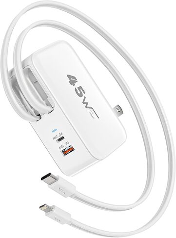 شاحن iPhone قابل للسحب شحن سريع، شاحن حائط 4 في 1 قابل للسحب بقدرة 45 وات، قابس متعدد المنافذ، قابل للطي وكابلات Lightning وUSB C لهواتف iPhone 17Pro Max/16/15/14/13/12/11، وiPad، وAirPods in Kuwait