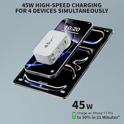 شاحن iPhone قابل للسحب شحن سريع، شاحن حائط 4 في 1 قابل للسحب بقدرة 45 وات، قابس متعدد المنافذ، قابل للطي وكابلات Lightning وUSB C لهواتف iPhone 17Pro Max/16/15/14/13/12/11، وiPad، وAirPods in Kuwait