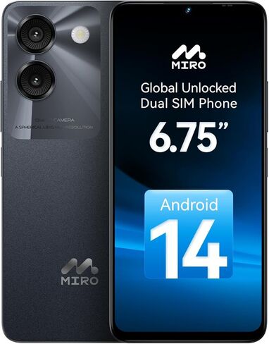 هاتف ذكي MIRO خفيف للغاية 192 جرامًا وشاشة كبيرة 6.75 بوصة - 4G 64 جيجابايت + 1 تيرابايت تخزين قابل للتوسيع، كاميرا مزدوجة 13 ميجابكسل AI 5 ميجابكسل أمامية، بطارية 4900 مللي أمبير، مقبس سماعة رأس 3.5 ملم، أندرويد 14، ثنائي شريحة الاتصال العالمية (أزرق) in Kuwait