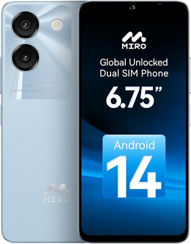 هاتف ذكي MIRO خفيف للغاية 192 جرامًا وشاشة كبيرة 6.75 بوصة - 4G 64 جيجابايت + 1 تيرابايت تخزين قابل للتوسيع، كاميرا مزدوجة 13 ميجابكسل AI 5 ميجابكسل أمامية، بطارية 4900 مللي أمبير، مقبس سماعة رأس 3.5 ملم، أندرويد 14، ثنائي شريحة الاتصال العالمية (أزرق) in Kuwait