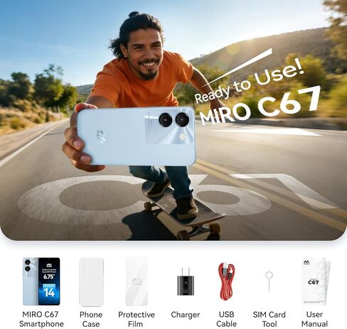 هاتف ذكي MIRO خفيف للغاية 192 جرامًا وشاشة كبيرة 6.75 بوصة - 4G 64 جيجابايت + 1 تيرابايت تخزين قابل للتوسيع، كاميرا مزدوجة 13 ميجابكسل AI 5 ميجابكسل أمامية، بطارية 4900 مللي أمبير، مقبس سماعة رأس 3.5 ملم، أندرويد 14، ثنائي شريحة الاتصال العالمية (أزرق) in Kuwait