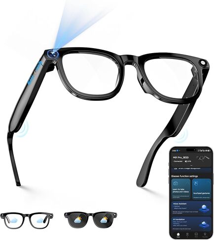 AI Smart Glasses with 8MP Camera and Bluetooth Anti-Shake Real-Time Translation Recognition Voice Assistant 1080P Video Recording HD Photo Long Battery Life for Traveler Lover Meeting Vlog in Saudi Arabia