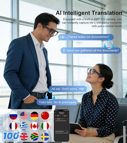 AI Smart Glasses with 8MP Camera and Bluetooth Anti-Shake Real-Time Translation Recognition Voice Assistant 1080P Video Recording HD Photo Long Battery Life for Traveler Lover Meeting Vlog in Saudi Arabia