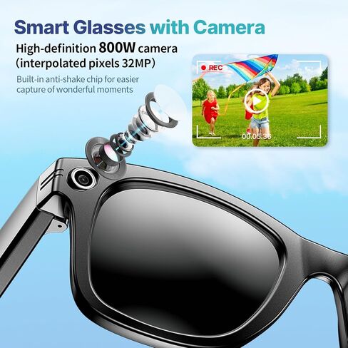AI Smart Glasses with Camera, 8MP 1200P HD Video Recording Sunglasses, UV400, Real-Time Translation, ChatGPT Voice Assistant, Open-Ear Bluetooth Audio for Men Women Running, Cycling & Vlogging 32G in Saudi Arabia
