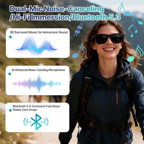 AI Smart Glasses with Camera, 8MP 1200P HD Video Recording Sunglasses, UV400, Real-Time Translation, ChatGPT Voice Assistant, Open-Ear Bluetooth Audio for Men Women Running, Cycling & Vlogging 32G in Saudi Arabia