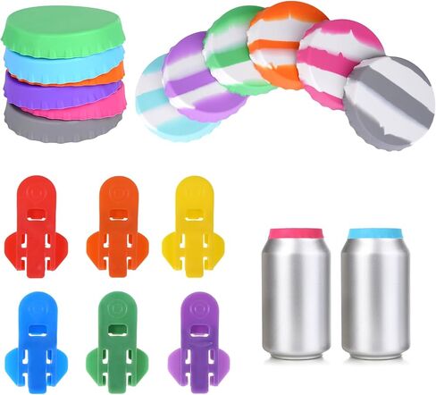 12 Pcs Silicone Soda Can Lids, Reusable Coke Can Covers for Soda, Leak Proof Bottle Protectors, Fits 2.1 Standard Inch Beverage, Beer, Orange Juice, Juice(Includes 6 Pcs Bottle Opener) in Saudi Arabia