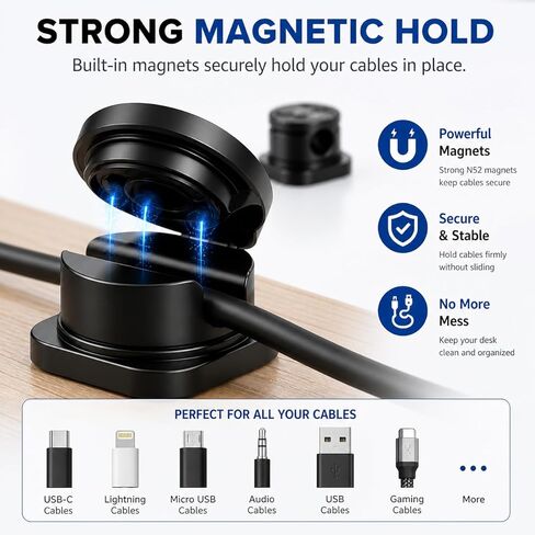 Magnetic Cable Organizer 8 Pack, Cord Organizer Clips for Desk, Strong Adhesive Cable Management, Wire Holder for Office, Home, Car Fits USB, Phone Charger & More in Saudi Arabia