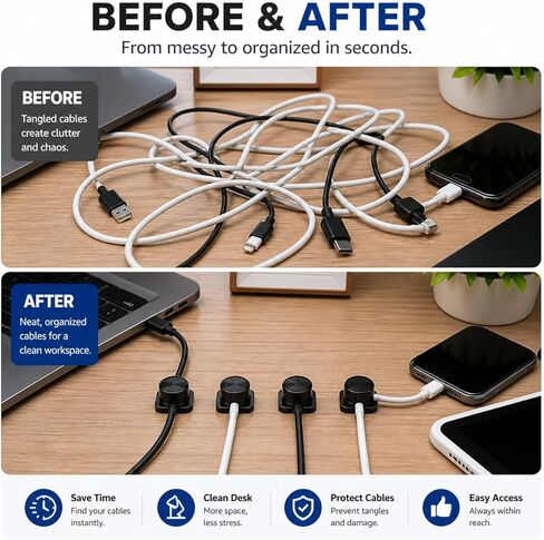 Magnetic Cable Organizer 8 Pack, Cord Organizer Clips for Desk, Strong Adhesive Cable Management, Wire Holder for Office, Home, Car Fits USB, Phone Charger & More in Saudi Arabia