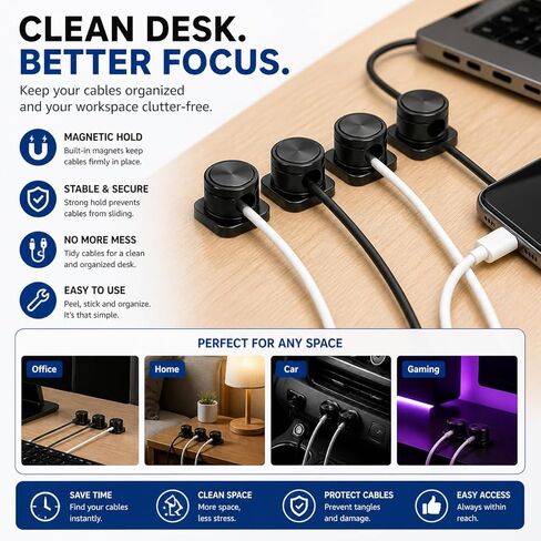 Magnetic Cable Organizer 8 Pack, Cord Organizer Clips for Desk, Strong Adhesive Cable Management, Wire Holder for Office, Home, Car Fits USB, Phone Charger & More in Saudi Arabia