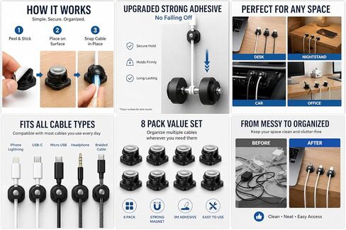 Magnetic Cable Organizer 8 Pack, Cord Organizer Clips for Desk, Strong Adhesive Cable Management, Wire Holder for Office, Home, Car Fits USB, Phone Charger & More in Saudi Arabia