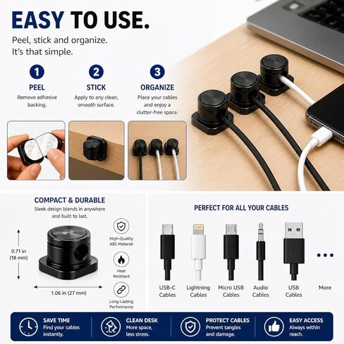 Magnetic Cable Organizer 8 Pack, Cord Organizer Clips for Desk, Strong Adhesive Cable Management, Wire Holder for Office, Home, Car Fits USB, Phone Charger & More in Saudi Arabia
