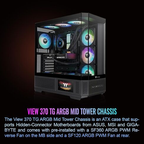 Thermaltake View 370 TG ARGB Mid Tower; 1x360mm & 1x120 ARGB PWM Fans Included; 360mm Rad Support; 420mm GPU Clearance; Hidden Connector Support (ATX/mATX); Vertical GPU Support;Black;CA-11N-00M1WN-00 in Saudi Arabia