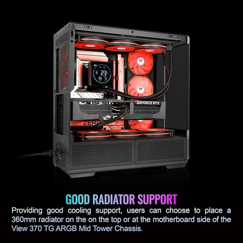 Thermaltake View 370 TG ARGB Mid Tower; 1x360mm & 1x120 ARGB PWM Fans Included; 360mm Rad Support; 420mm GPU Clearance; Hidden Connector Support (ATX/mATX); Vertical GPU Support;Black;CA-11N-00M1WN-00 in Saudi Arabia