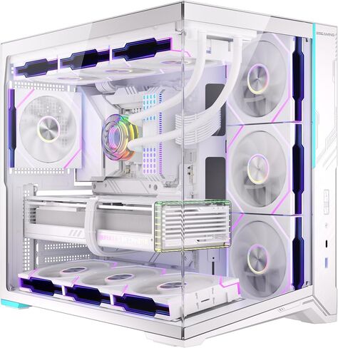 حافظة كمبيوتر ESGAMING ATX Mid Tower بدعم 360 مم RAD، قاعدة مائلة 8 درجات، حافظة كمبيوتر ألعاب من الزجاج المقوى بزاوية 270 درجة مع نوع C - ZeroMax أبيض بدون مروحة in Kuwait