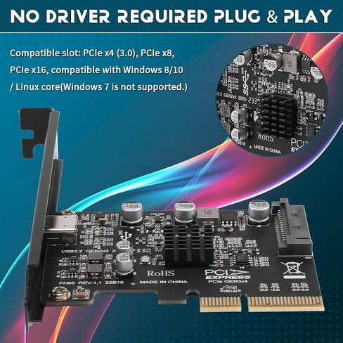 USB PCIE Card Type C PCI-Express 4X to USB 3.2 Gen 2X2 (20Gbps) ASM3242 Chipset for 8/10/Linux in Saudi Arabia