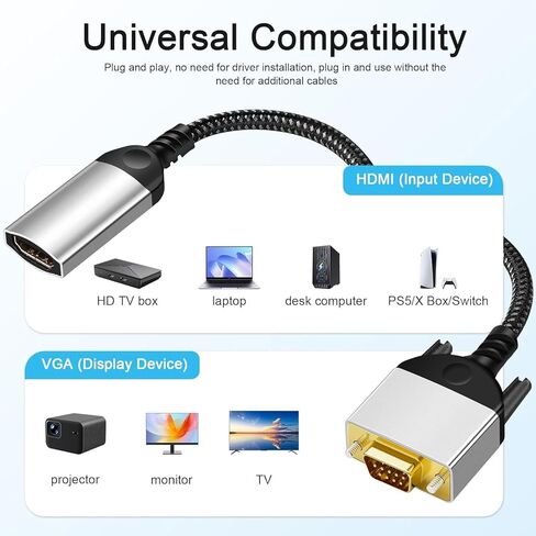 Trusted Gold-Plated HDMI to VGA Cable 1080P Full HD - Black in Saudi Arabia