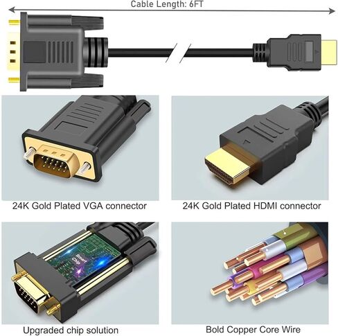 Flawless 2-Pack 6FT HDMI to VGA Cable 1080P Full HD for Raspberry Pi - Black in Saudi Arabia